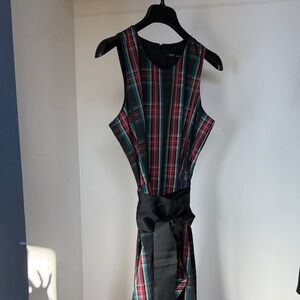 Boston Proper Multicolor Plaid Midi Dress with Black Sash